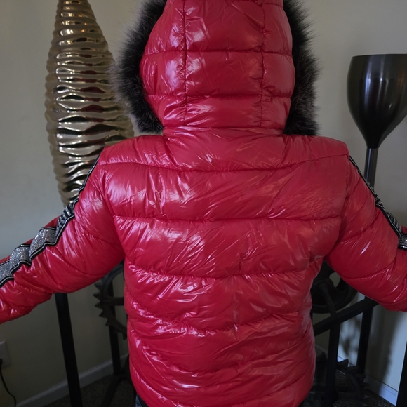 Women's Red Bomber Jacket with Fur Trim - Picture 2 of 5